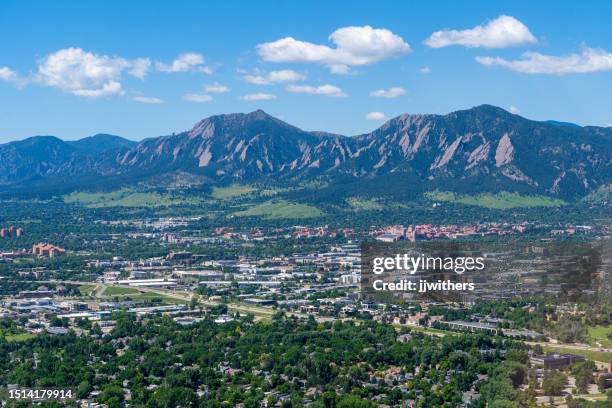 aerial view above boulder colorado looking southwest towards university of colorado and flatiron mountains - boulder bildbanksfoton och bilder