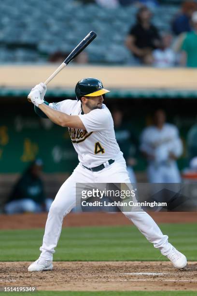 Kevin Smith of the Oakland Athletics at bat against the Tampa Bay Rays at RingCentral Coliseum on June 12, 2023 in Oakland, California.