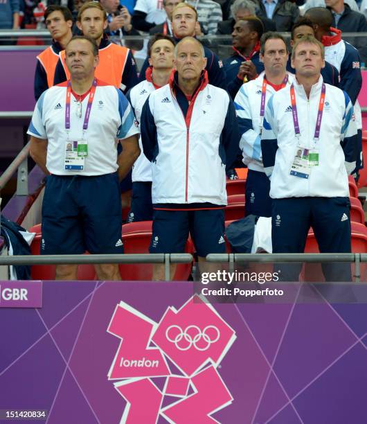 Front Row, L-R; Martin Thomas, coach, Brian Eastick, assistant coach, Stuart Pearce, coach of Great Britain before the Men's Football first round...