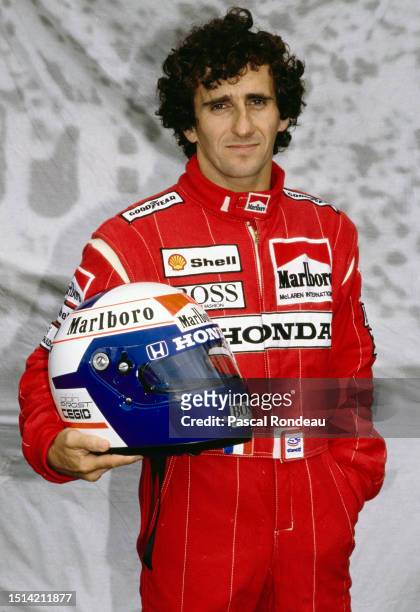 Alain Prost from France, driver the Honda Marlboro McLaren MP4/5 Honda V10 poses for a portrait during pre season testing on 1st February 1989 at the...