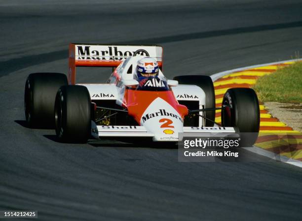Alain Prost from France drives the Marlboro McLaren International McLaren MP4/2B TAG V6t during practice for the Formula One Shell Oils Grand Prix of...
