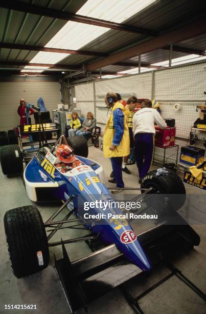 Pierre-Henri Raphanel from France sits aboard the Rial Racing Rial ARC2 Ford Cosworth DFR V8 inside the pit garage during practice for the Formula...