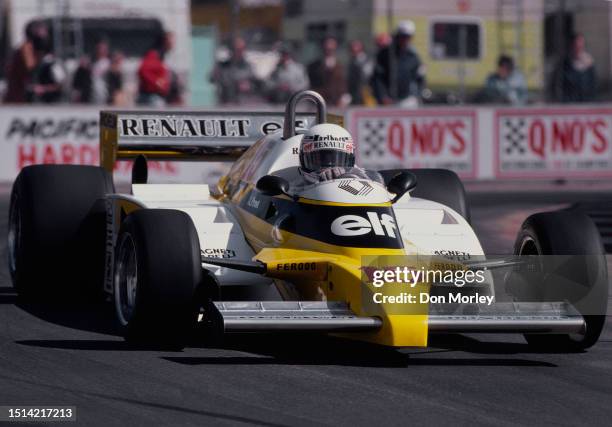 Alain Prost from France drives the Equipe Renault Elf Renault RE20B Renault V6t during practice for the Formula One United States Grand Prix West on...