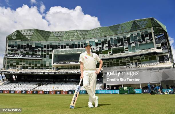 Australia batsmanSteve Smith pictured in his whites in front of the pavilion ahead of his One Hundredth Test Match, the Third LV= Ashes Test Match at...