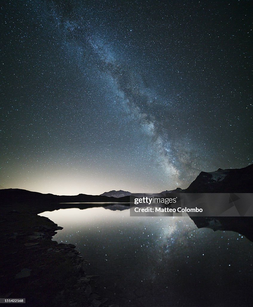 Milky way reflected in alpine lake