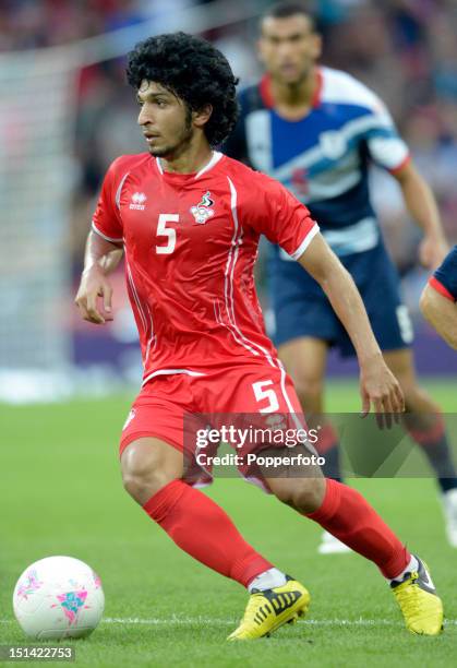 Amer Abdulrahman in action for the United Arab Emirates during the Men's Football first round Group A Match between Great Britain and United Arab...