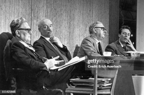 The judges in in a conductors' competition at Lime Grove Studios, London, for the BBC's arts programme 'Monitor', 5th February 1961. Left to right:...