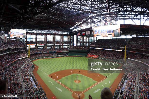 General view of the stadium in the fourth inning of the game between the Houston Astros and the Texas Rangers at Globe Life Field on July 03, 2023 in...