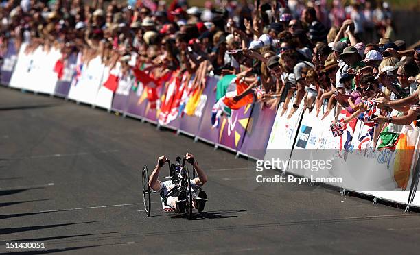 Mark Rohan of Ireland approaches the finish line on his way to winning the Men's Individual H1 Road Race on day 9 of the London 2012 Paralympic Games...