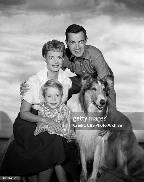 Cast of the show LASSIE: clockwise from upper left - June Lockhart , Hugh Reilly , Lassie and Jon Provost . Image dated July 7, 1958.