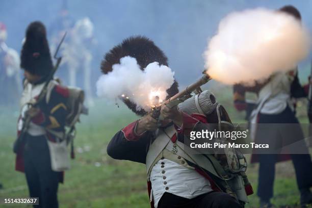 Reenactor take part during the Battle of Waterloo Reenactment on July 02, 2023 in Waterloo, Belgium. The 1815 battle marked the end of the Napoleonic...