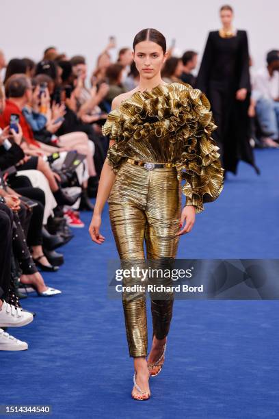 Model walks the runway during the Alexandre Vauthier Haute Couture Fall/Winter 2023/2024 show at Palais de Tokyo as part of Paris Fashion Week on...