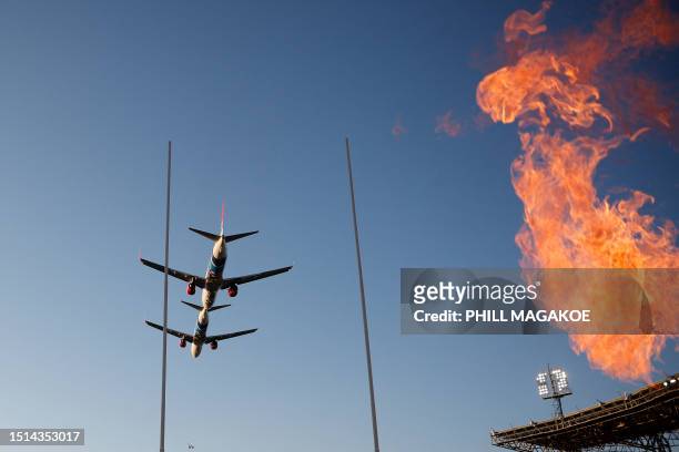 Aircrafts of FlySafair perform a flypast ahead of the Rugby Championship first round match between South Africa and Australia at Loftus Versfeld...