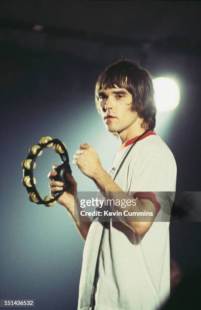 Singer Ian Brown of British rock group The Stone Roses performs on stage in Pilton Playing Fields, United Kingdom, September 1995. The show was...