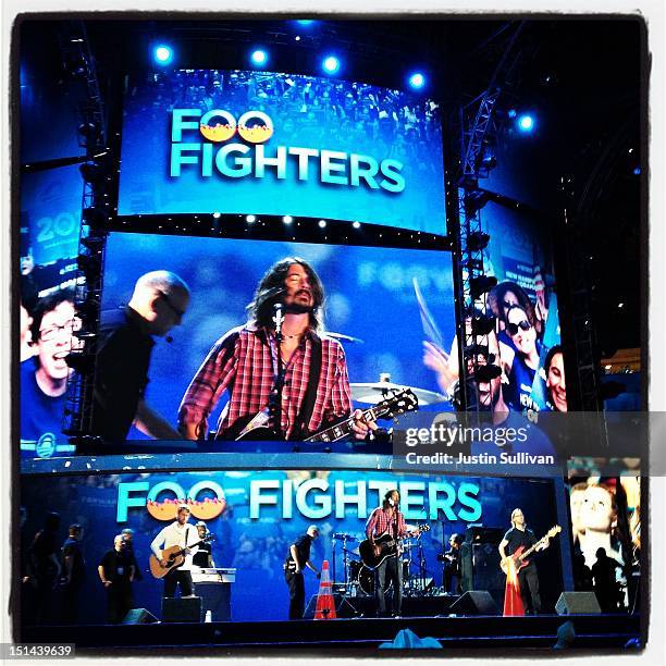 The Foo Fighters do a sounds check during day three of the Democratic National Convention at Time Warner Cable Arena on September 6, 2012 in...