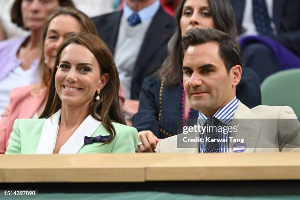 Catherine, Princess of Wales and Roger Federer watch Ryan Peniston Vs Andy Murray on Centre Court on day two of the Wimbledon Tennis Championships at...