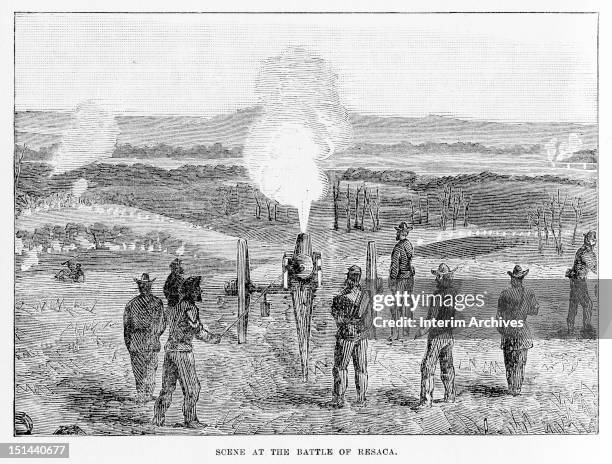 Illustration showing a scene from the Battle of Resaca, part of the American Civil War's Atlanta campaign, pitting General Sherman's Union forces...