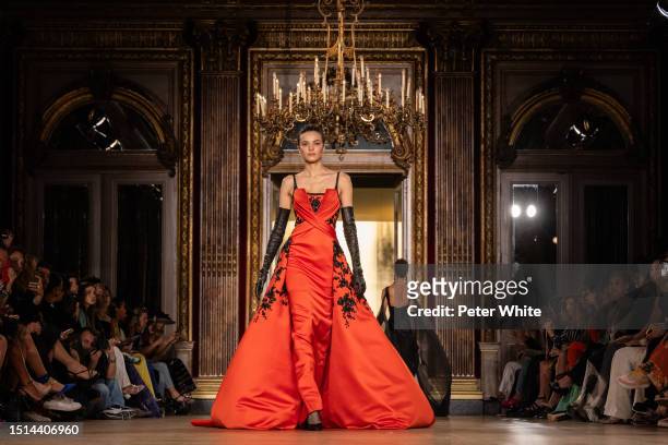 Model walks the runway during the Georges Chakra Haute Couture Fall/Winter 2023/2024 show as part of Paris Fashion Week on July 04, 2023 in Paris,...