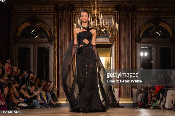 Model walks the runway during the Georges Chakra Haute Couture Fall/Winter 2023/2024 show as part of Paris Fashion Week on July 04, 2023 in Paris,...