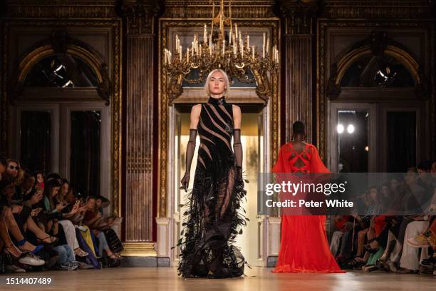 Model walks the runway during the Georges Chakra Haute Couture Fall/Winter 2023/2024 show as part of Paris Fashion Week on July 04, 2023 in Paris,...