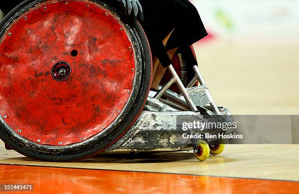 Detailed view of the wheelchair of Daisuke Ikezaki of Japan during the Men's Pool Phase Group A match between Great Britain and Japan on day 9 of the...