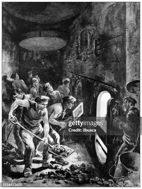 ilustraciones, imágenes clip art, dibujos animados e iconos de stock de imagen antigua de la revista británica: stokers - pala-parte-de-un-vehículo