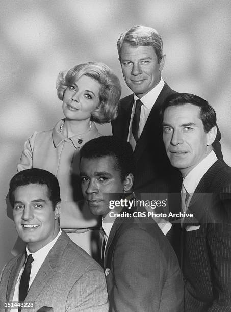 Cast members Peter Lupus ; Barbara Bain ; Greg Morris ; Peter Graves and Martin Landau . Image dated April 11, 1967.