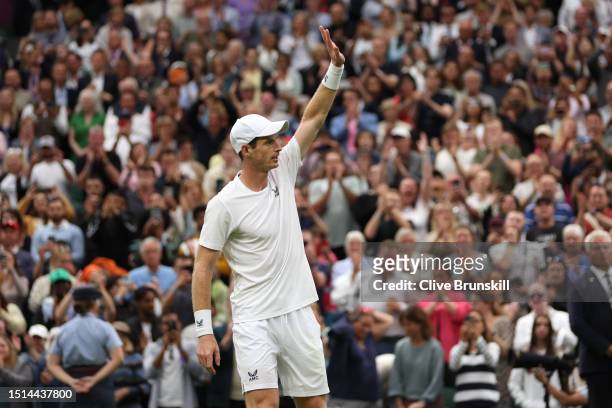 Andy Murray of Great Britain acknowledges the crowd after victory against Ryan Peniston of Great Britain in the Men's Singles first round match...