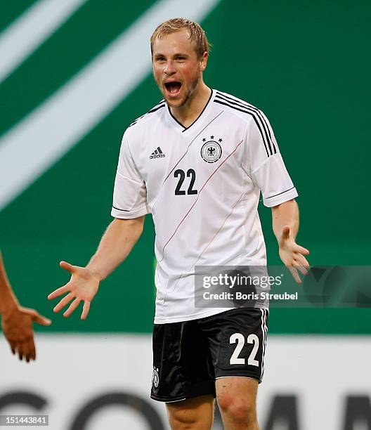 Maximilian Beister of Germany celebrates his team's first goal during the Under 21-Euro qualifier match between Germany U21 and Belarus U21 at DKB...