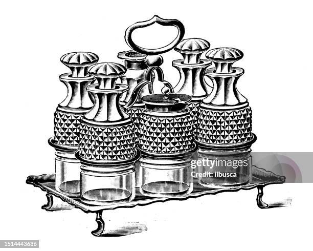antique image from british magazine: crockery plate dish and tray - dining table isolated stock illustrations