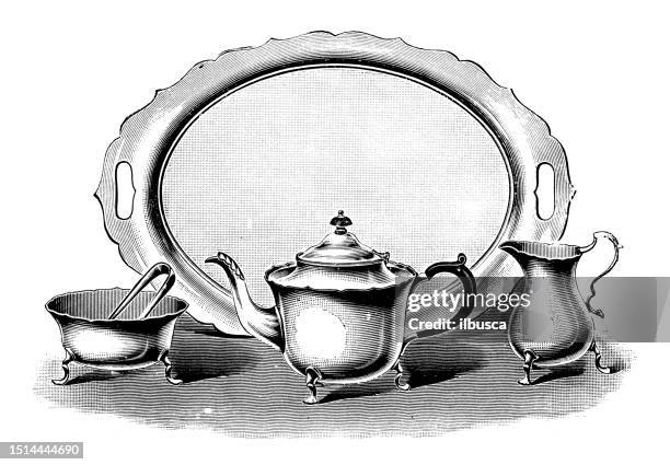 antique image from british magazine: crockery plate dish and tray - metal serving tray stock illustrations