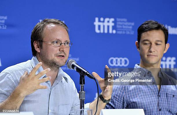 Director Rian Johnson and actor Joseph Gordon-Levitt attend the "Looper" press conference during the 2012 Toronto International Film Festival at TIFF...