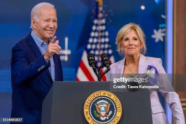 President Joe Biden and first lady Jill Biden speak at the The National Education Association Event at the White House on July 04, 2023 in...