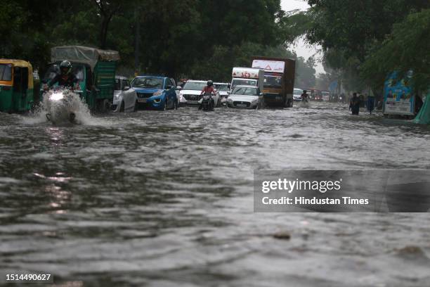 After heavy monsoon rainfall waterlogged at Mathura road connecting Nehru place flyover, on July 8, 2023 in New Delhi, India. Delhi-NCR was drenched...