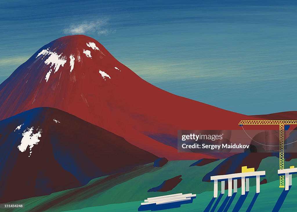 Bridge and red mountain