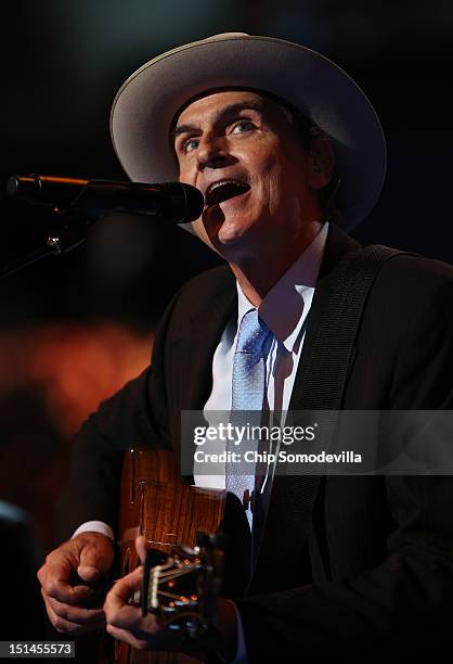 Musician James Taylor performs on stage during the final day of the Democratic National Convention at Time Warner Cable Arena on September 6, 2012 in...