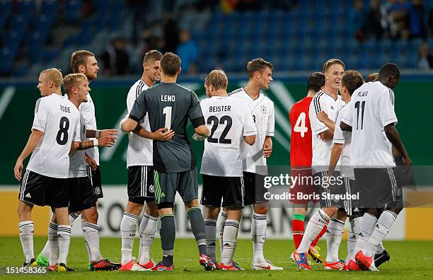 The team of Germany celebrate after winning the Under 21-Euro qualifier match between Germany U21 and Belarus U21 at DKB Arena on September 7, 2012...