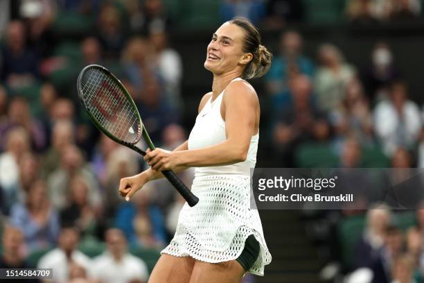 Aryna Sabalenka reacts after a between the legs shot against Panna Udvardy of Hungary in the Women's Singles first round match during day two of The...