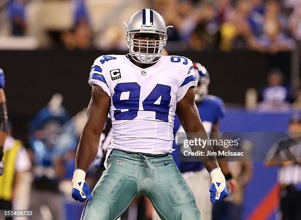 DeMarcus Ware of the Dallas Cowboys looks on against the New York Giants at MetLife Stadium on September 5, 2012 in East Rutherford, New Jersey. The...