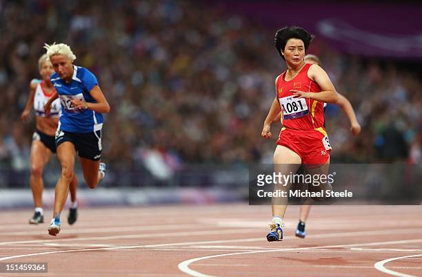 Ping Liu of China crosses the line to win gold Women's 100m T35 Finalon day 9 of the London 2012 Paralympic Games at Olympic Stadium on September 7,...