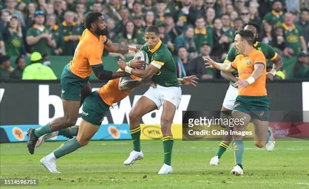 Manie Libbok of South Africa with the ball during the Rugby Championship match between South Africa and Australia at Loftus Versfeld Stadium on July...