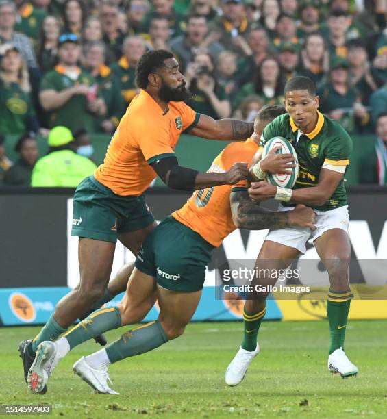 Manie Libbok of South Africa with the ball during the Rugby Championship match between South Africa and Australia at Loftus Versfeld Stadium on July...