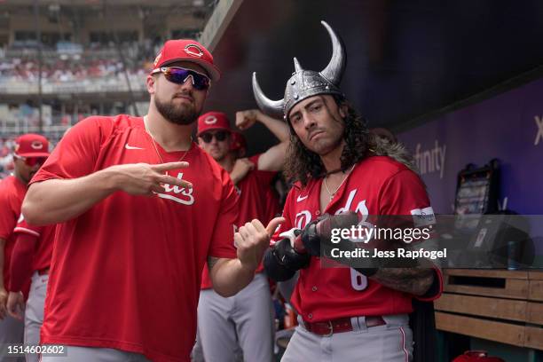 Jonathan India of the Cincinnati Reds poses with Graham Ashcraft, left, after hitting a home run against the Washington Nationals during the sixth...