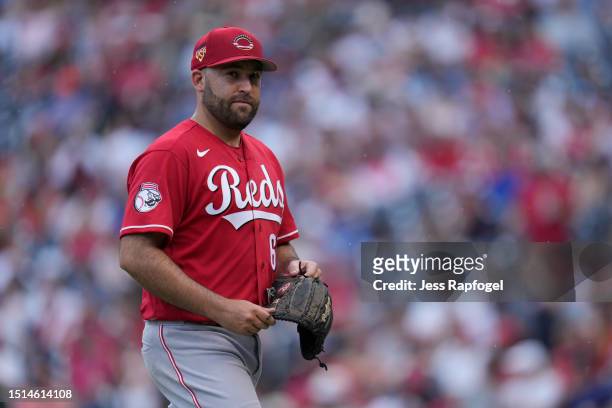 Brett Kennedy of the Cincinnati Reds walks to the dugout after pitching against the Washington Nationals at Nationals Park on July 04, 2023 in...