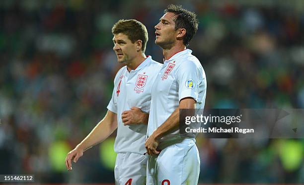 Steven Gerrard and Frank Lampard of England look on during the FIFA 2014 World Cup qualifier match between Moldova and England at Zimbru Stadium on...