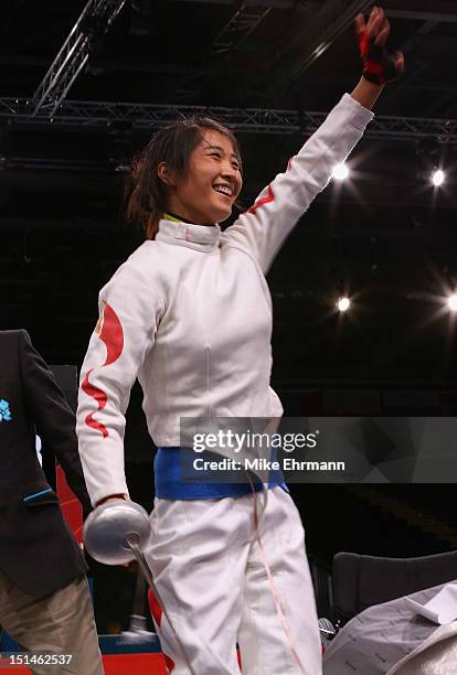 Jing Rong of China competes during the Women's Team Wheelchair Fencing on day 9 of the London 2012 Paralympic Games at ExCel on September 7, 2012 in...