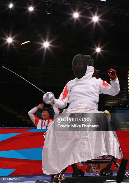 Jing Rong of China competes during the Women's Team Wheelchair Fencing on day 9 of the London 2012 Paralympic Games at ExCel on September 7, 2012 in...