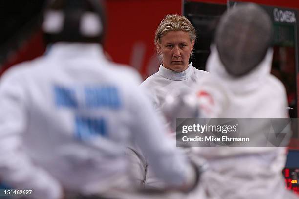 Zsuzsanna Krajnyak of Hungary looks on during the Women's Team Wheelchair Fencing on day 9 of the London 2012 Paralympic Games at ExCel on September...