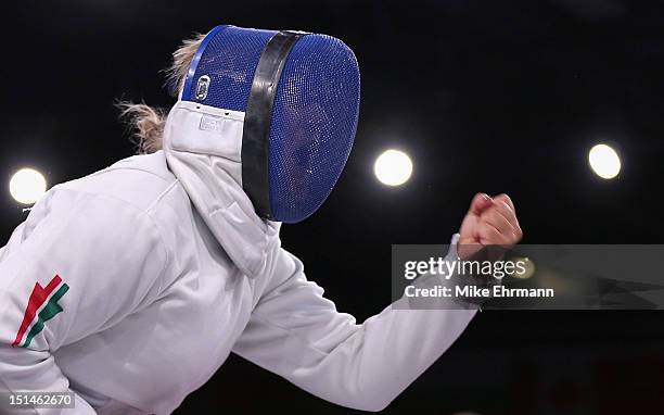 Zsuzsanna Krajnyak of Hungarycompetes during the Women's Team Wheelchair Fencing on day 9 of the London 2012 Paralympic Games at ExCel on September...