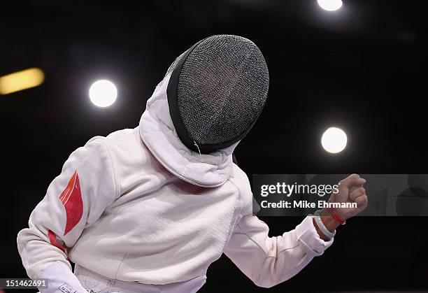 Baili Wu of China competes during the Women's Team Wheelchair Fencing on day 9 of the London 2012 Paralympic Games at ExCel on September 7, 2012 in...